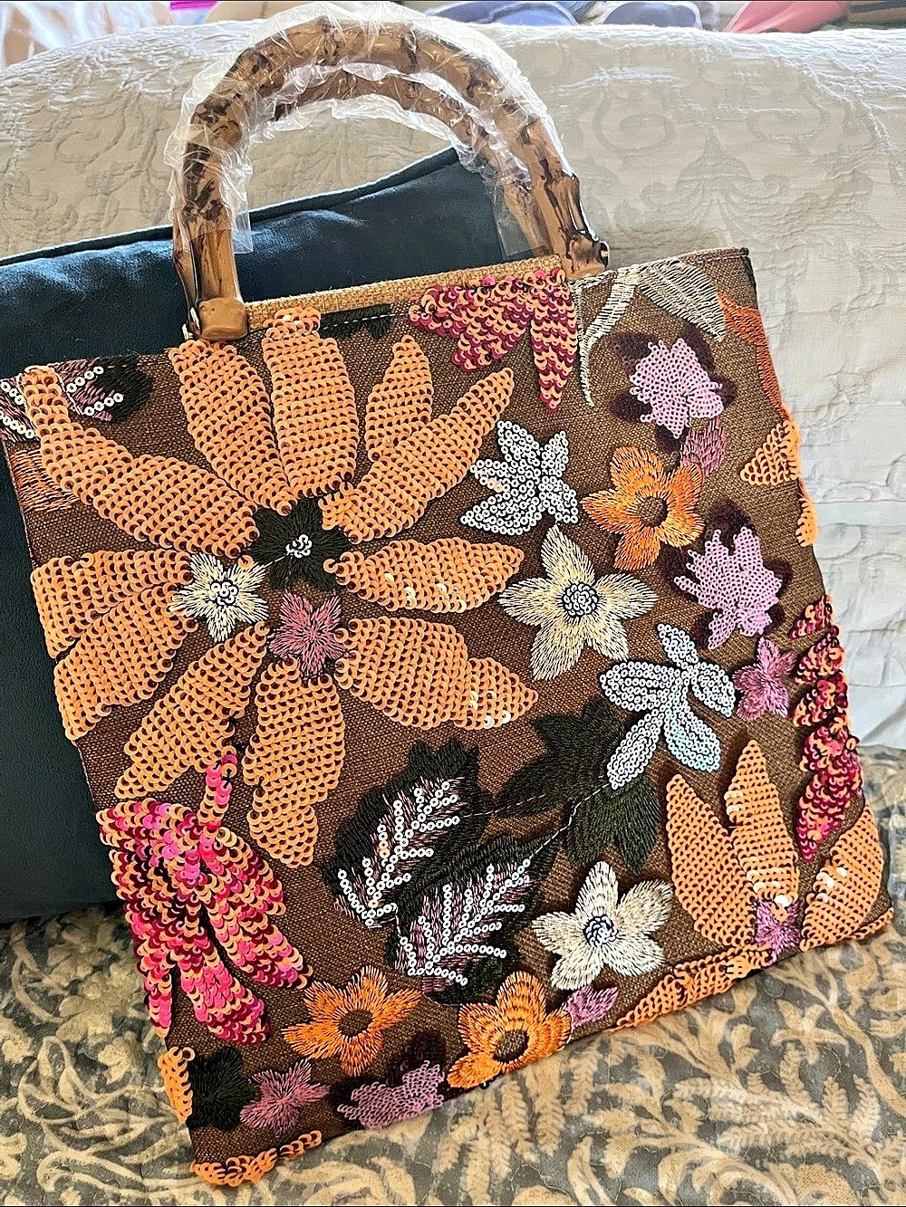 Embellished Floral Tote in Brown & Orange